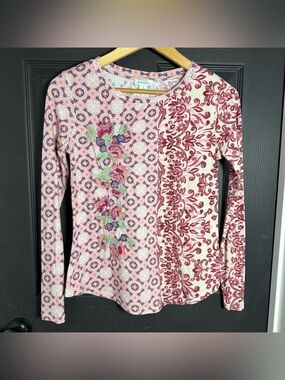 Sundance Long Sleeve Floral Patchwork Tee in Pink, Burgundy, Green